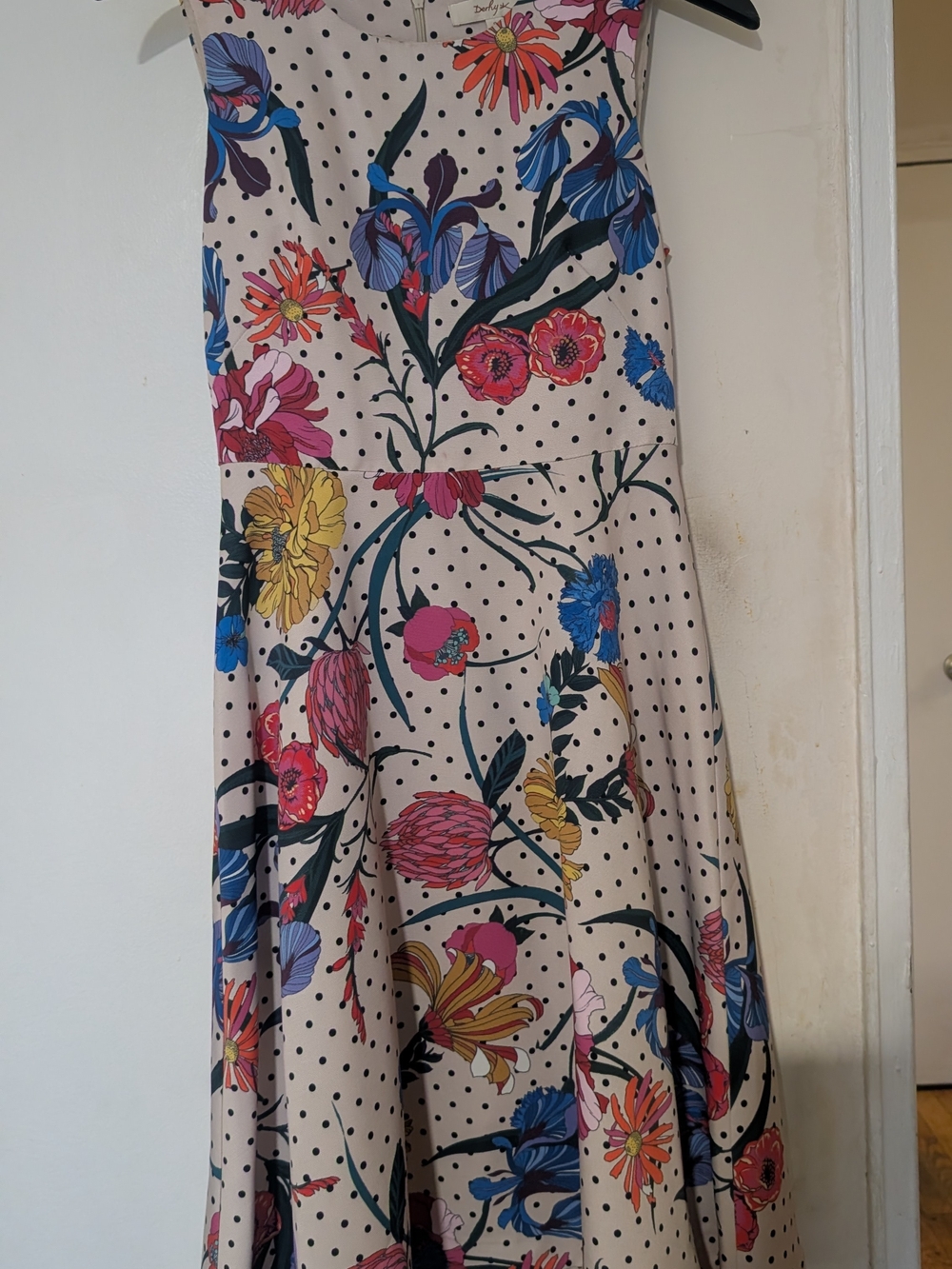 Floral Polka Dot A-Line Skirt - Beige with Multicolor Print
